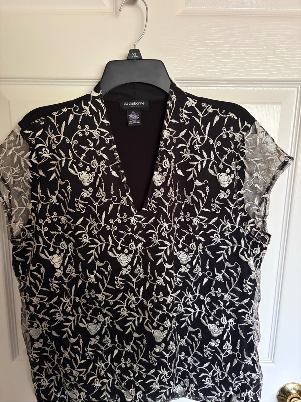 Liz Claiborne Black Top with White Floral Embroidery